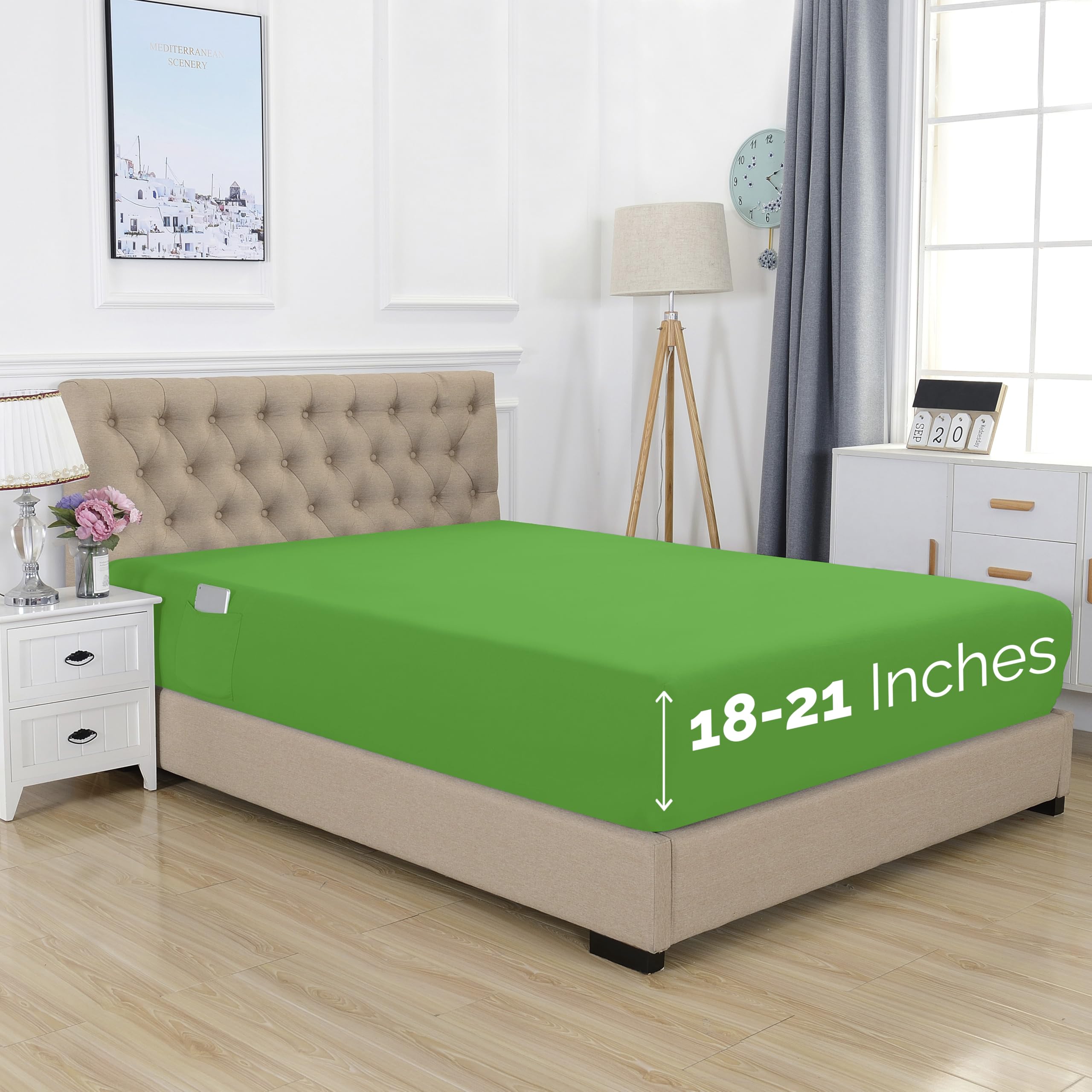 Elegant Comfort 1500 Premium Hotel Quality 18-21 Inches Deep - Extra Deep Pocket Single Fitted Sheet For High Mattress, Luxury And Softest, Smart Pocket - Wrinkle Free, Queen, Emerald Green